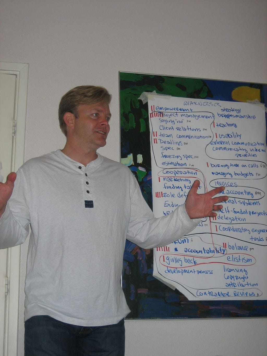 CivicActions Co-founder and CEO Henry Poole in 2005 standing in front of a white board with writing on it