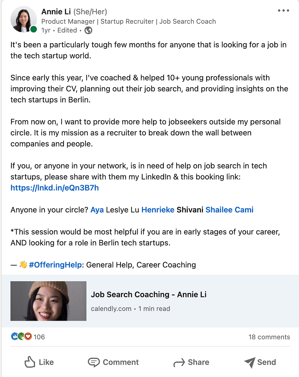 A LinkedIn post by Annie offering free job search coaching with a Calendly link.