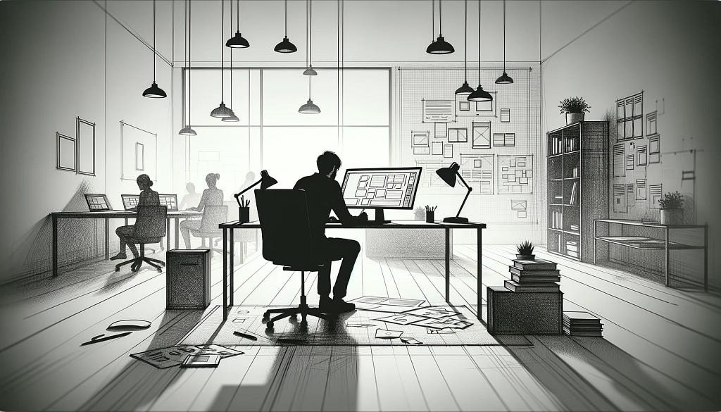 Ilustração feita por IA de um homem sentado em um computador trabalhando em uma sala com mais pessoas ao fundo.