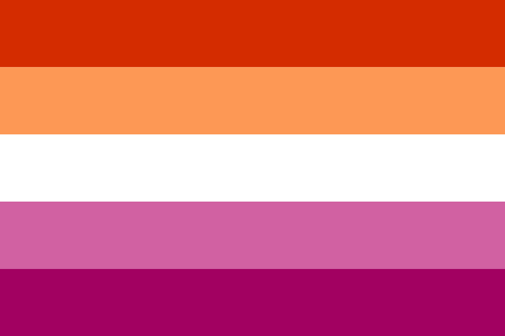 A “lesbian community flag”, atualmente a mais usada pelo movimento lésbico, nas cores laranja, branco e rosa.