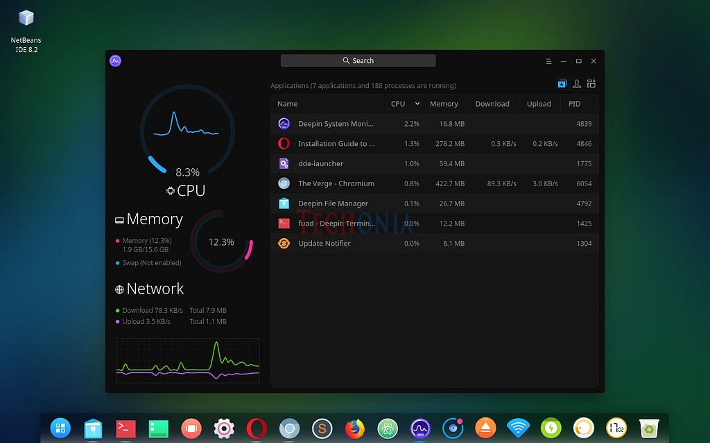 Manjaro Deepin Linux showing memory usage in the Task Manager.