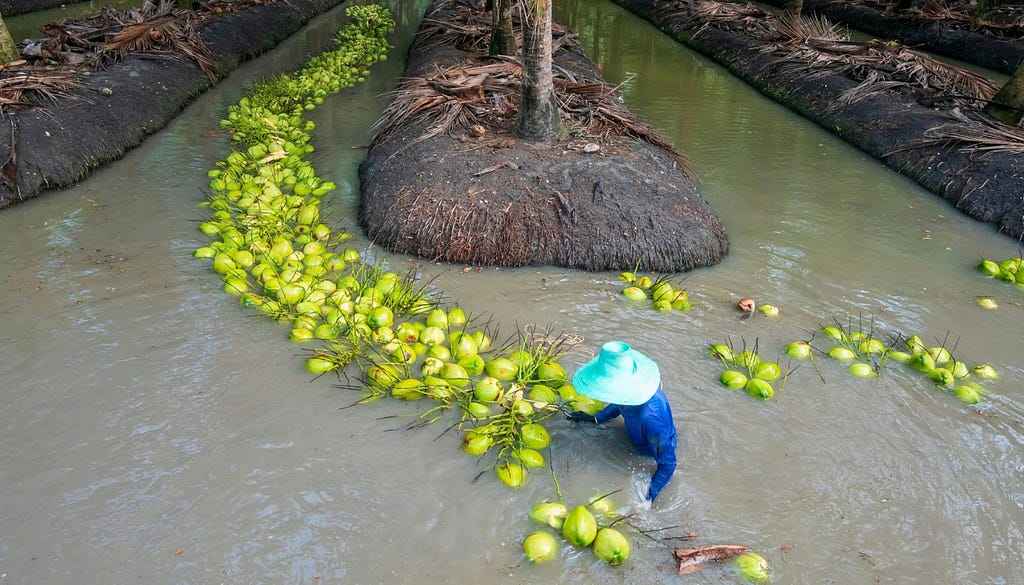 A person stands in waist-deep water while harvesting green coconuts.