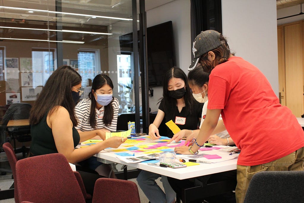 Volunteer from Perkins&Will working with a group of participants around a table with sticky notes.