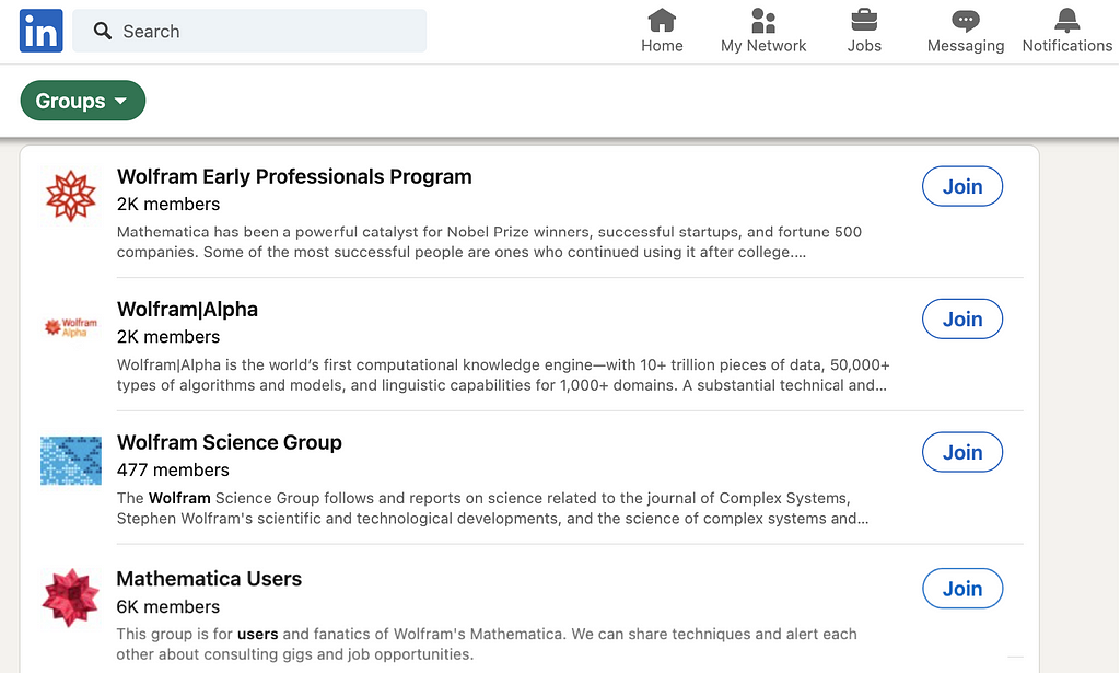 LinkedIn groups for Wolfram, including the Wolfram Early Professionals Program, Wolfram|Alpha, Wolfram Science Group, and Mathematica Users