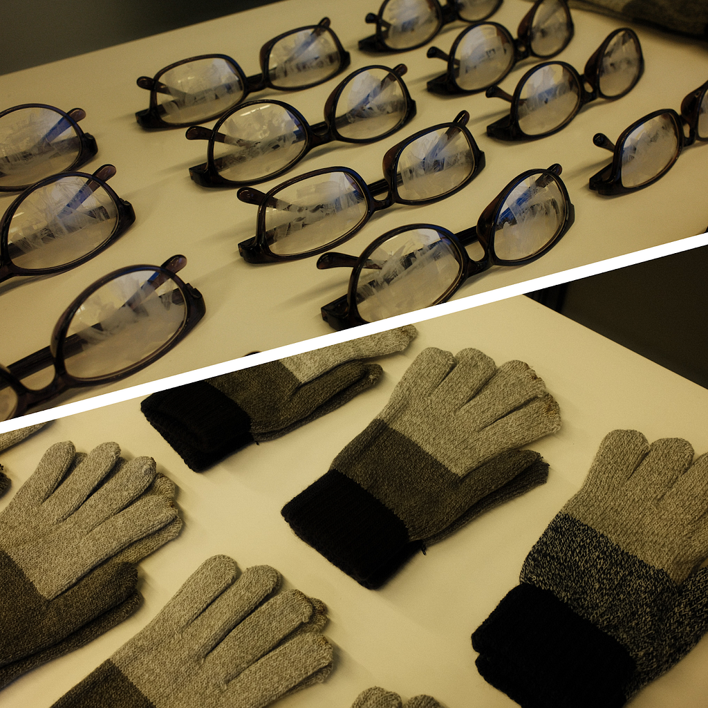 Two images — rows of smeared spectacles and rows of gloves with holes