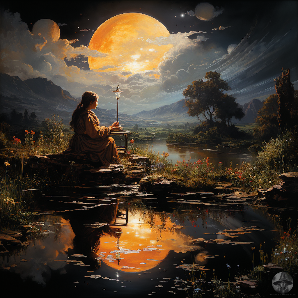 the moon in the sky with Demeter, in the style of romantic riverscapes, reflections and mirroring, serene and peaceful ambiance, highly realistic, pensive stillness, dark brown and orange.