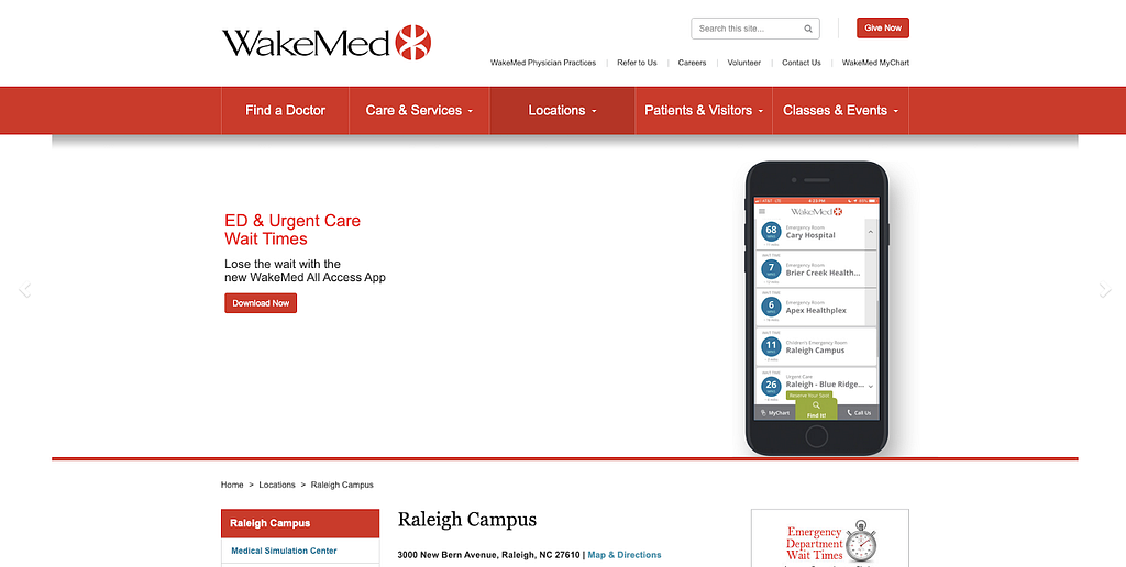 A screenshot of Wake Med’s hospital homepage. An iPhone displays their new app to show ER wait times.