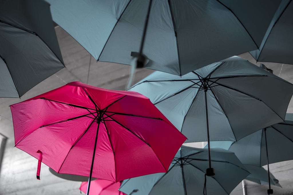 One Pink and few Grey Umbrellas… Photograph courtesy Noah Näf under the Unsplash License.