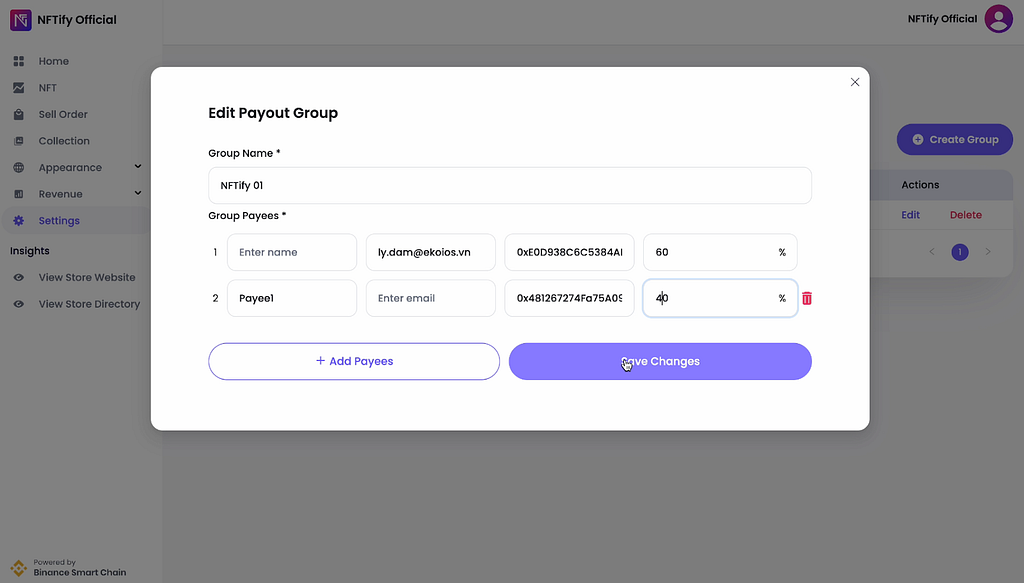 Edit payout group, the payouts between collaborators