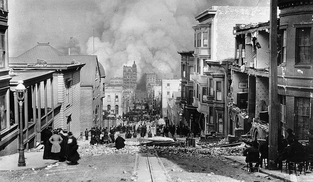 The doom loop is coming right for us! Arnold Genthe took a photo of it coming up the hill in 1906. This is a picture of the fire on that morning.
