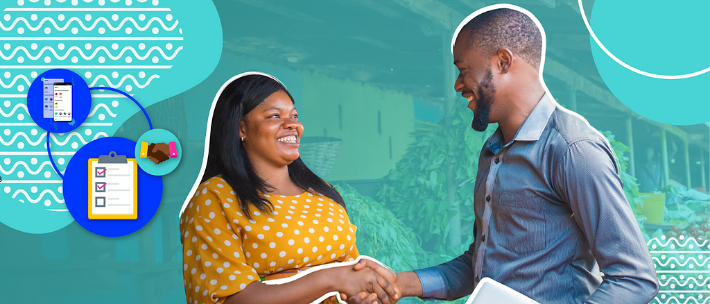 A man and woman shaking hands, smiling widely. Next to a graphic depicting two circles connected in a dialectic manner joined by the agent-provider partnership. One bubble has two smartphones symbolising agents and the second bubble has a check-list on a clipboard symbolising business tasks.