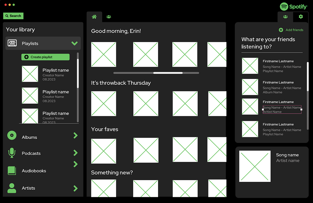 A screenshot of an in-progress wireframe of a Spotify UI redesign.