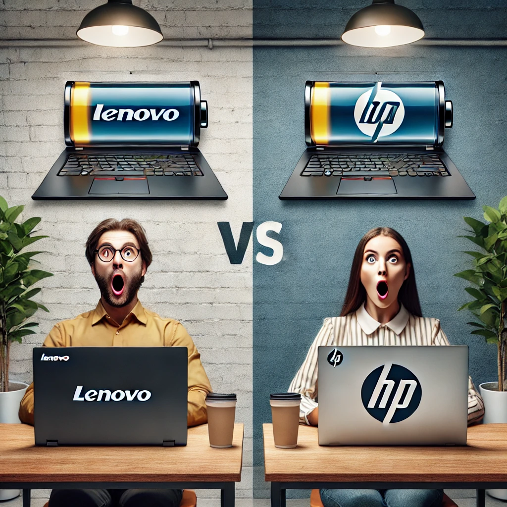 A realistic scene in an office or cafe with two laptops side by side. The left laptop has the Lenovo logo and the right laptop has the HP logo. Above each laptop is a battery icon, both showing half-full batteries. In front of the Lenovo laptop is a man with glasses, a beard, and an exaggerated surprised expression. In front of the HP laptop is a woman with long brown hair and an exaggerated surprised expression. The background is split into two colors: green on the Lenovo side and blue on the H