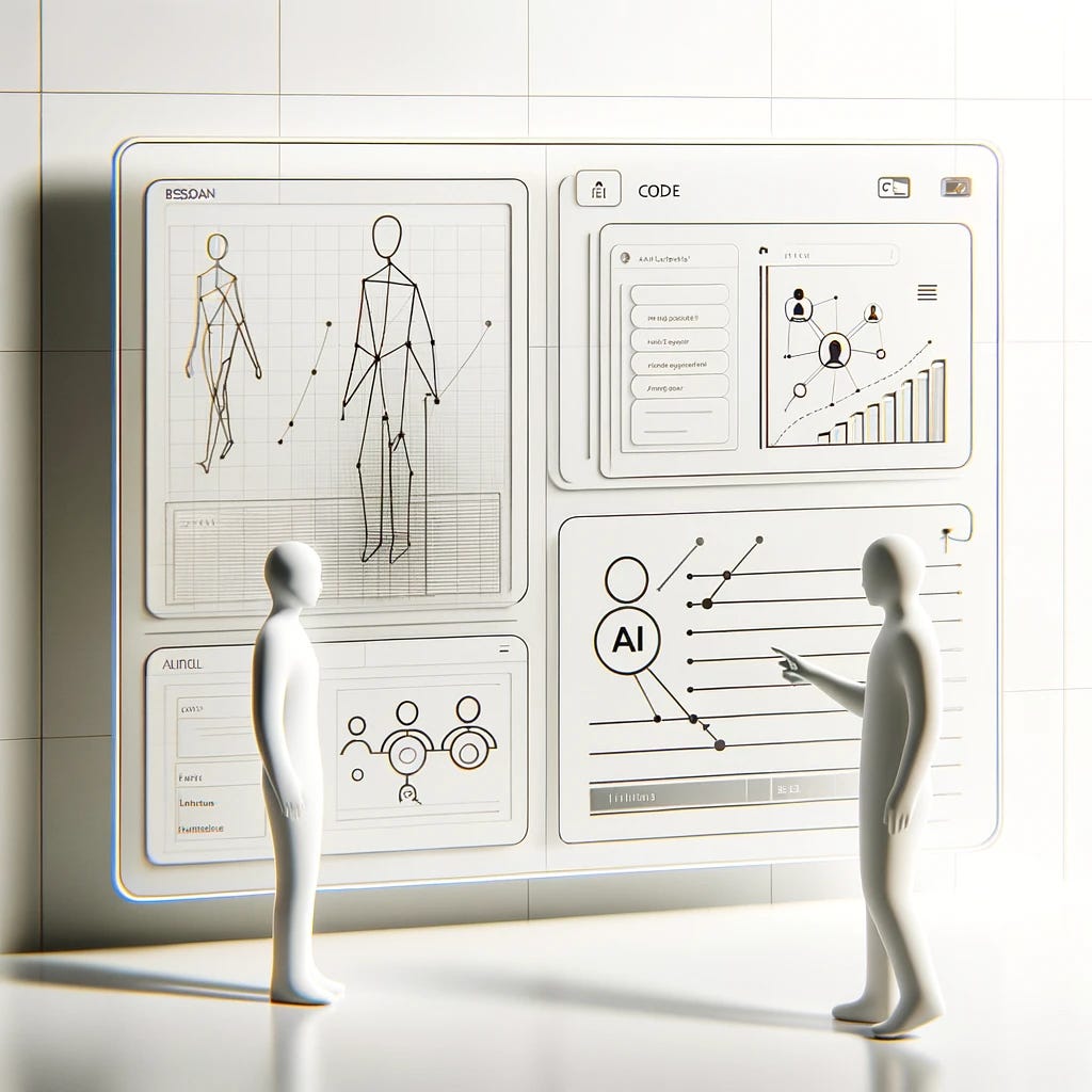 The image is an extremely clean and minimalistic digital workspace. It features simple, abstract figures representing personas. On the left side, there is a single minimalist screen with basic lines of code and an AI icon, symbolizing automated testing. On the right side, a simple abstract figure interacts with a digital interface. The background is pure white with minimal design elements, including a few faint lines suggesting wireframes or data charts.
