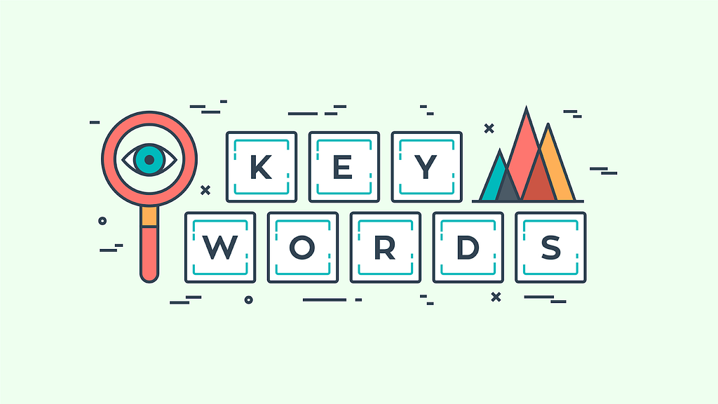 Letters spelling “keywords”, each letter in an animated spelling block next to mountains and a magnifying glass with an eye