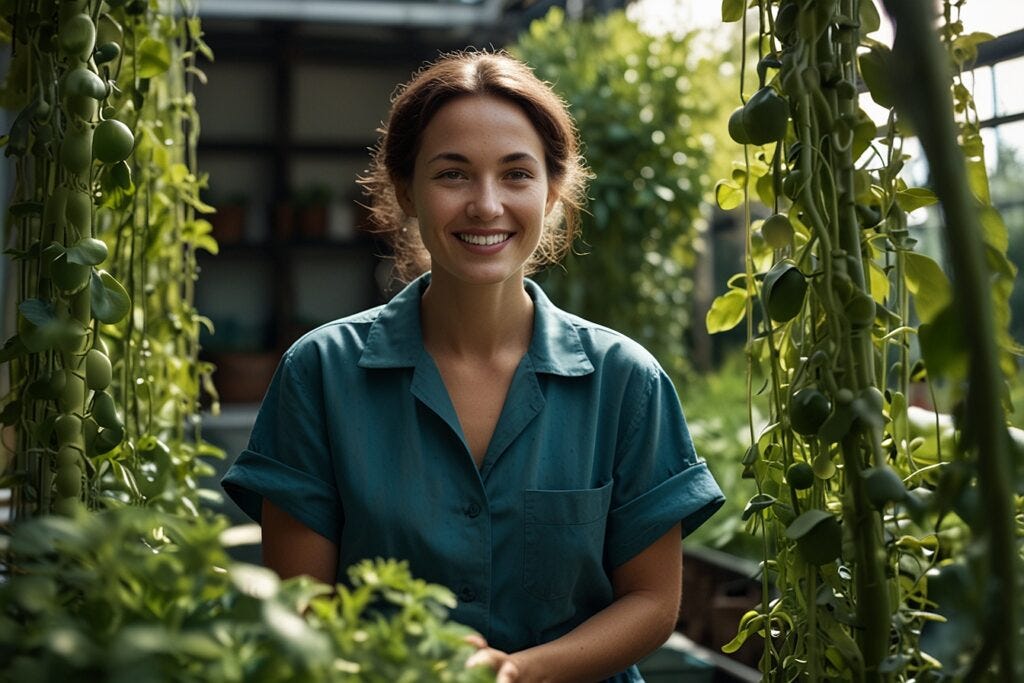 A woman in a teal work shirt smiles while surrounded by hanging green pea plants in a hydroponic greenhouse.