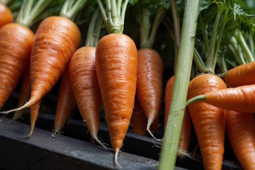 Hydroponic carrots with green tops arranged in a row on a dark background, highlighting their bright orange color and textured skin.