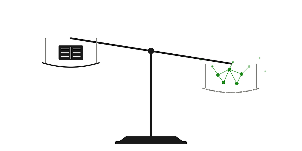 Line illustration of a tilted balance scale: one pan holds a closed book, the other holds a dissolving digital mesh of interconnected nodes, symbolizing intellectual property law weighing human authorship against AI-generated work.