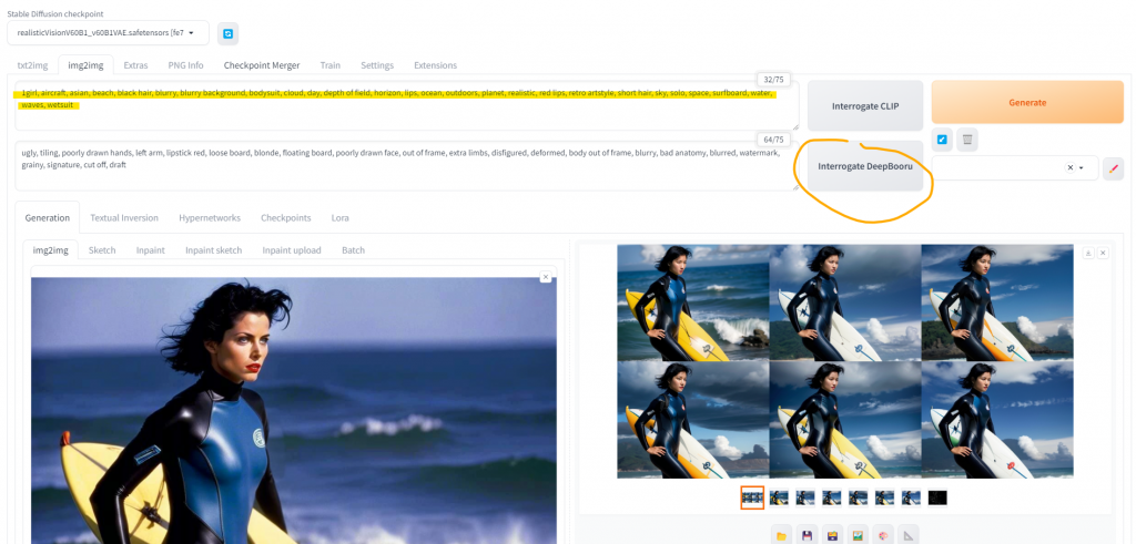 Screenshot of a Stable Diffusion web interface in Automatic1111, showing an img2img prompt in yellow highlight with the text “1girl, aircraft, asian, beach, black hair, blurry, blurry background, bodysuit, cloud, day, depth of field, horizon, lips, ocean, outdoors, planet, realistic, red lips, retro artstyle, short hair, sky, solo, space, surfboard, water, wetsuit.” This prompt was generated by clicking the “Interrogate DeepBooru” button, encircled in orange on the screen. On the left, a promine