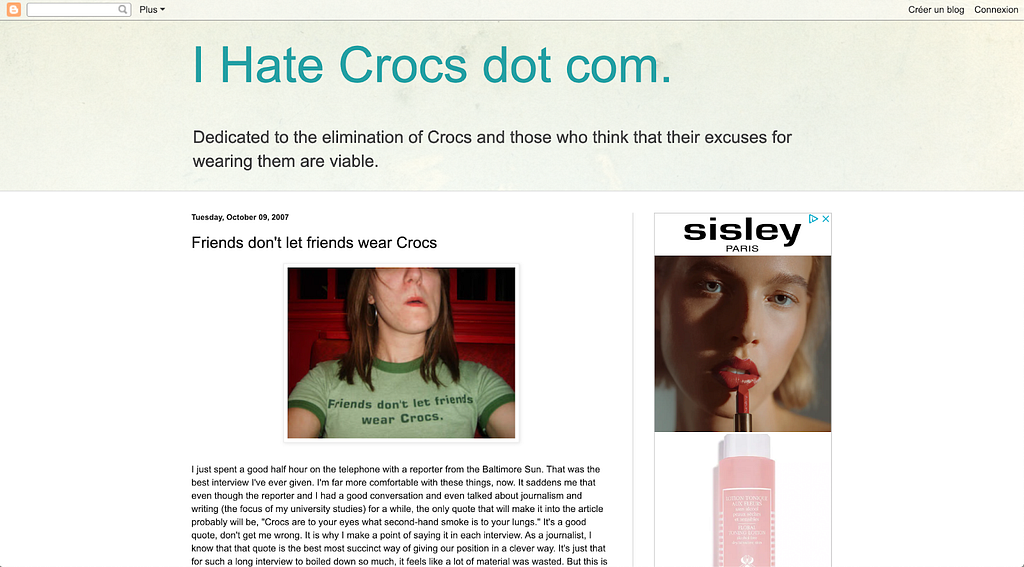 A screenshot of the first page of the I hate crocs dot com blog.