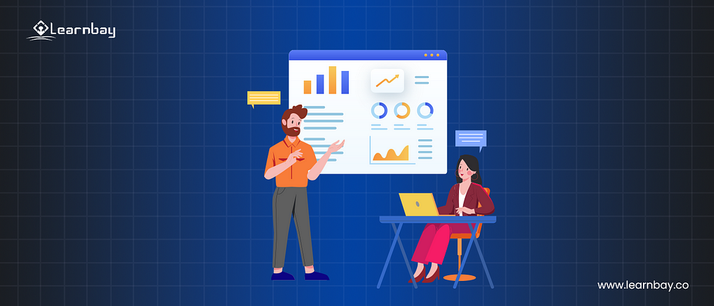 An illustration shows a professional trainer providing a training session to an HR or Marketing professional. The learner is using her laptop and the trainer displays charts like, ‘Bar chart’, ‘donut chart’, ‘stacked graph’, and an ‘upward-sloping line graph’ for making the learner understand the applications.