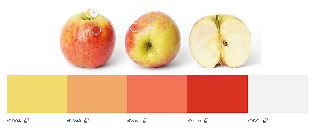 Foto of three apples with a colour palette below. Source:https://color.adobe.com/create/image