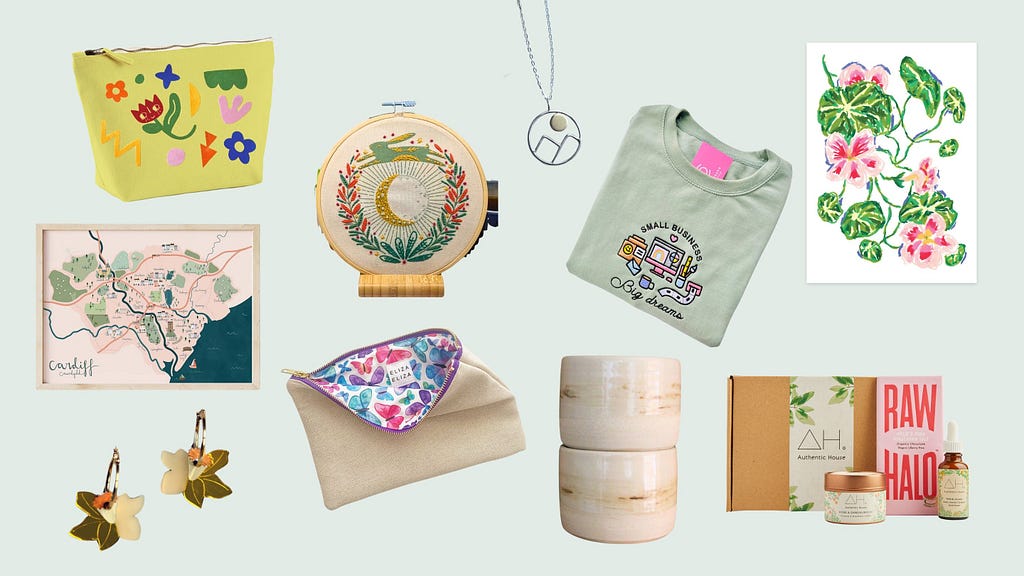 Spring birthday gifts including pouches, a Cardiff map, earrings, mugs, a candle, serum, chocolate, a sweater and an art print