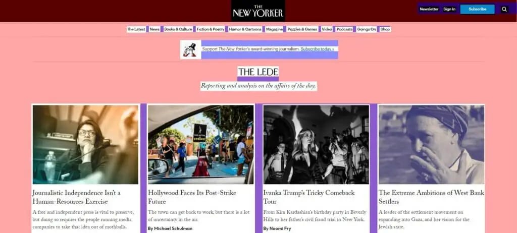 Homepage of The New Yorker — macro (red) and micro (blue) white space highlighted