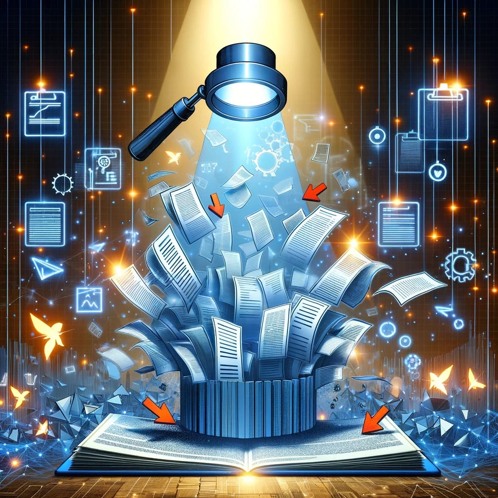 The image conceptualizes the idea of a re-ranker in information retrieval, showcasing the process of filtering and highlighting the most relevant information from a vast array. It uses visual metaphors like arrows, filters, and spotlights on documents within a digital environment to represent the re-ranking process.