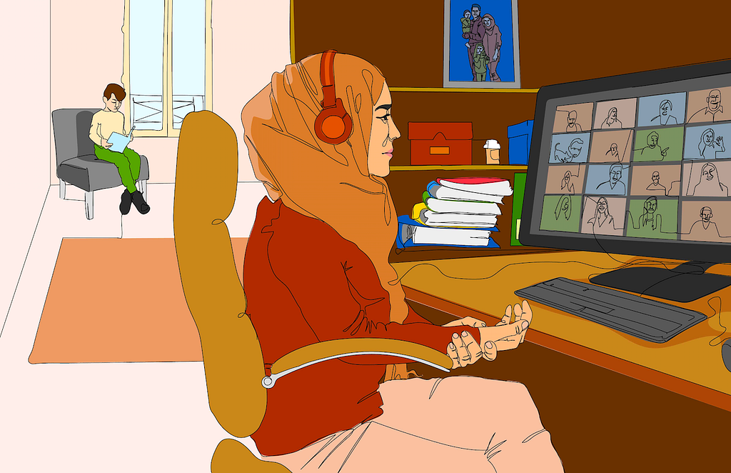 Illustratiion of a woman working from an office. She is on a video call on a computer next to books and trinkets on a bookcase and holding her right wrist with her left hand. In the background is a person sitting on a chair, reading a book.