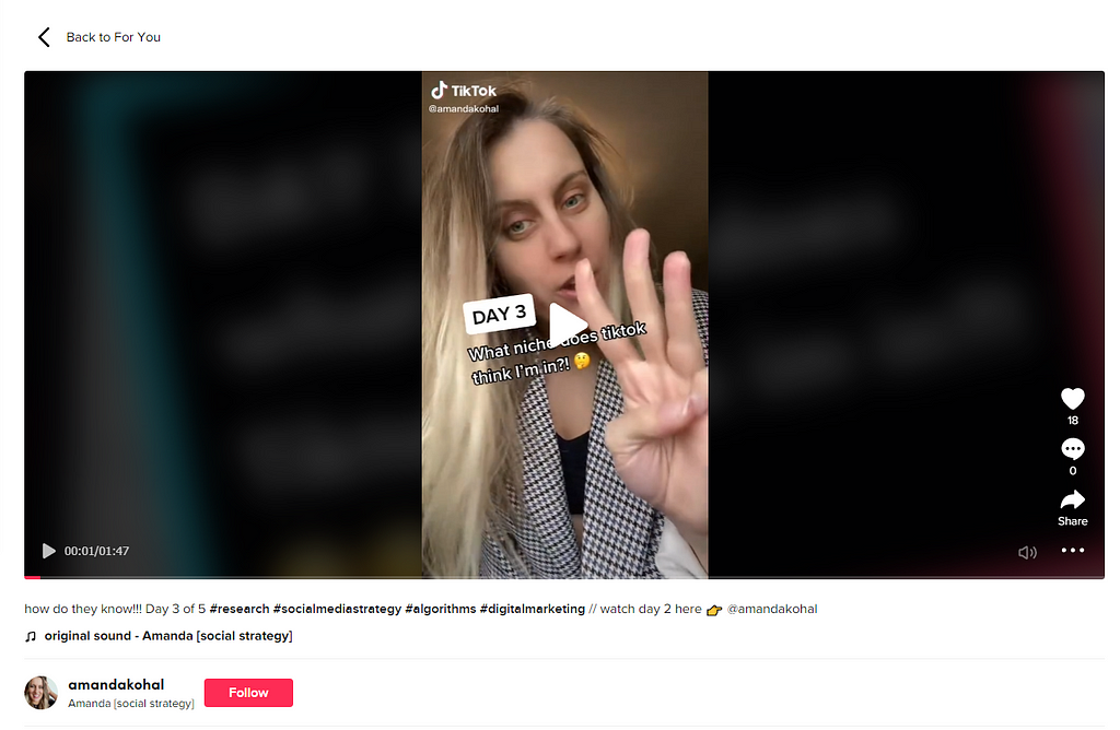 A screenshot of a Tiktok showing a woman holding up three fingers. The caption reads “Day 3” followed by text that says, “What niche does Tiktok think I’m in?”