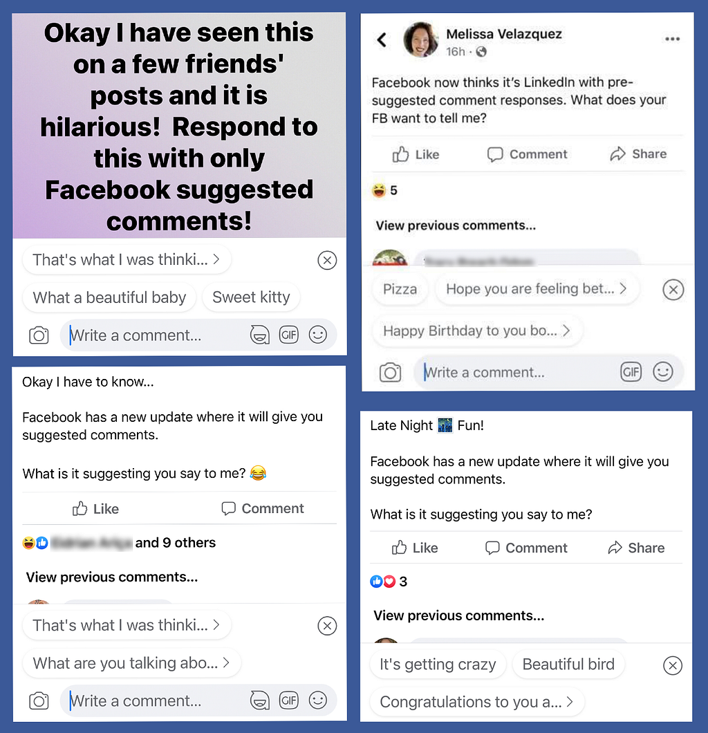 Screenshots of Facebook posts showing very odd comment suggestions