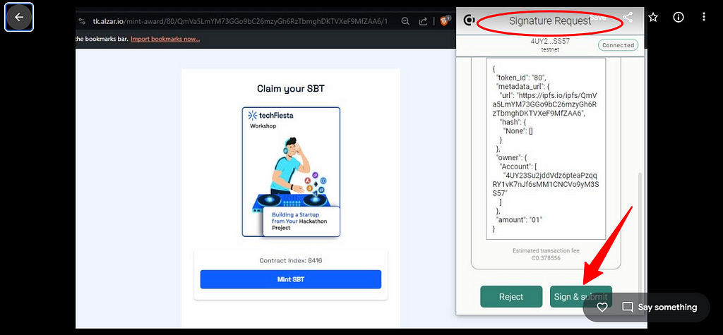 Image depicting where to ‘sign and submit’ your token