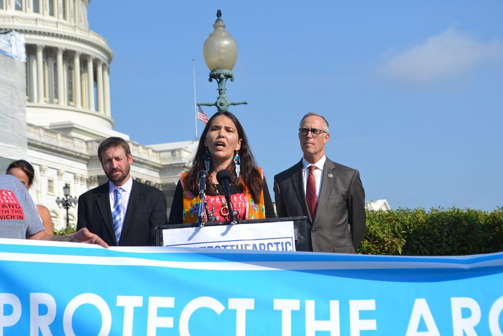 Arctic Refuge Press Rally Bernadette Demientieff at Podium 