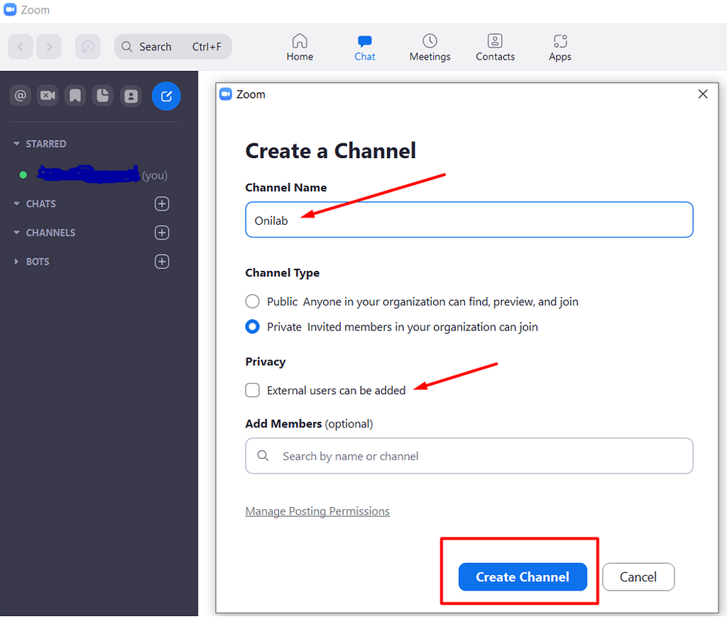 Create channel in Zoom Chat