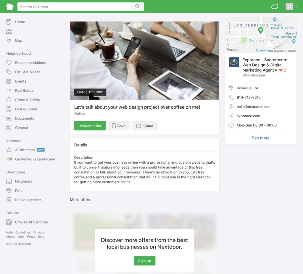 How a Nextdoor Offer page looks.