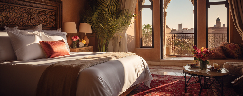 Bougie hotel room with Berber orange, red, and white decor. Glass doors open to balcony revealing a Moroccan medina skyline