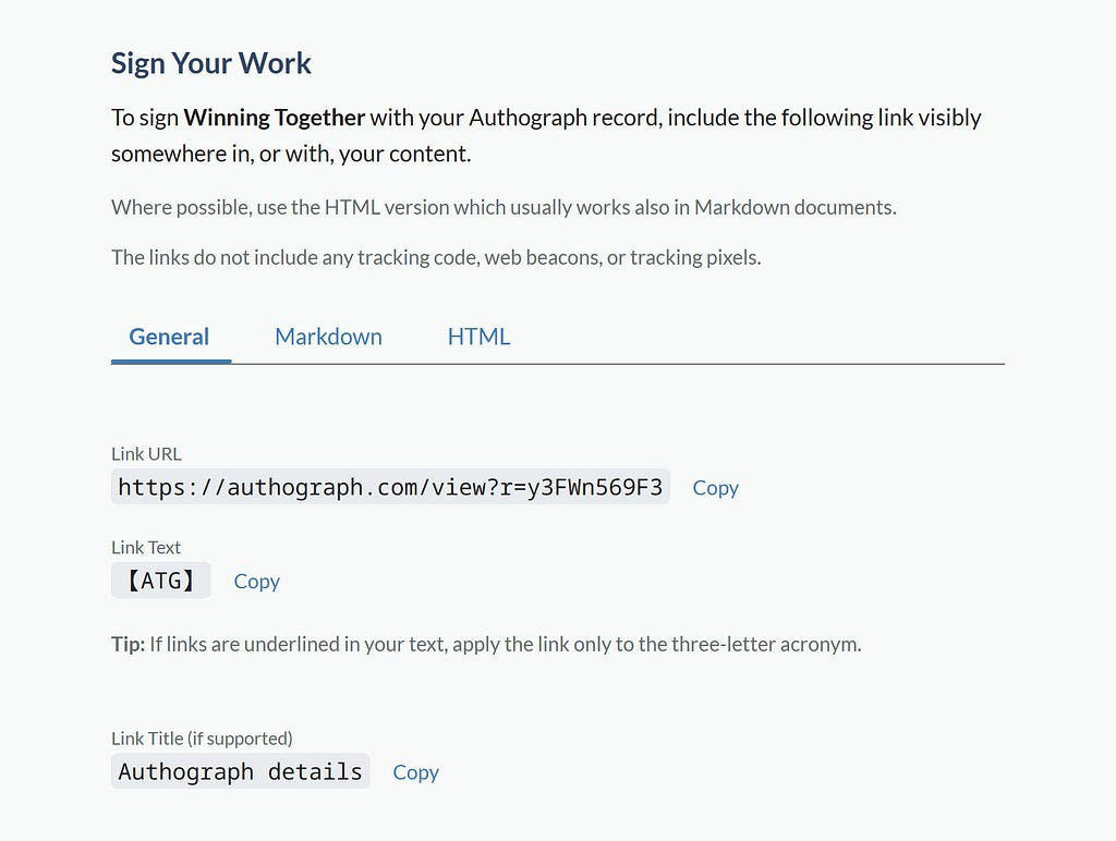 A screenshot of information on how to apply the Authograph link to the content