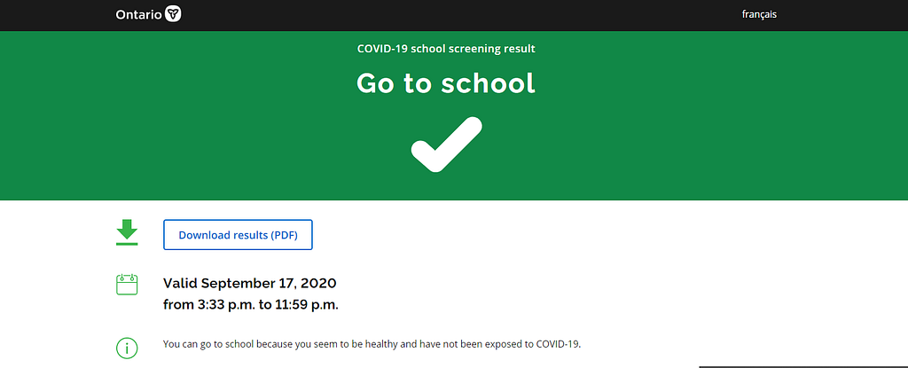 A screengrab of the COVID-19 school screening tool’s result page, showing the result: “Go to school.”