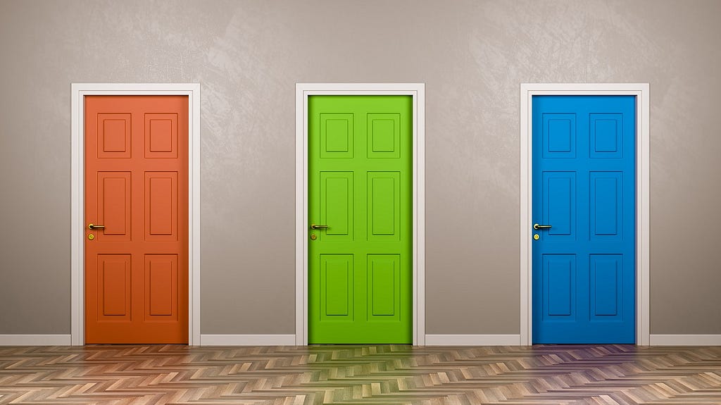 Three doors with three different colours, representing options to chose from.