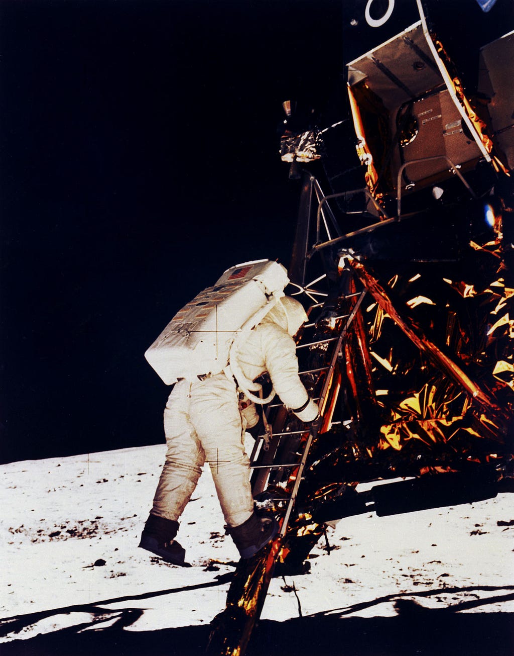 Buzz Aldrin about to step off the Moon lander and be the 2nd man to walk on the Moon