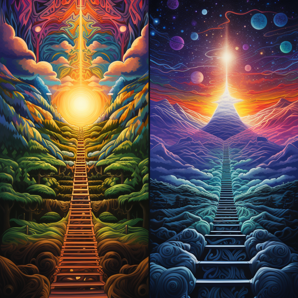 AI-generated image: “vertical split image: DMT geometric trip vision on left side, heavenly, smooth, and glorious Near-Death Experience on the right side”