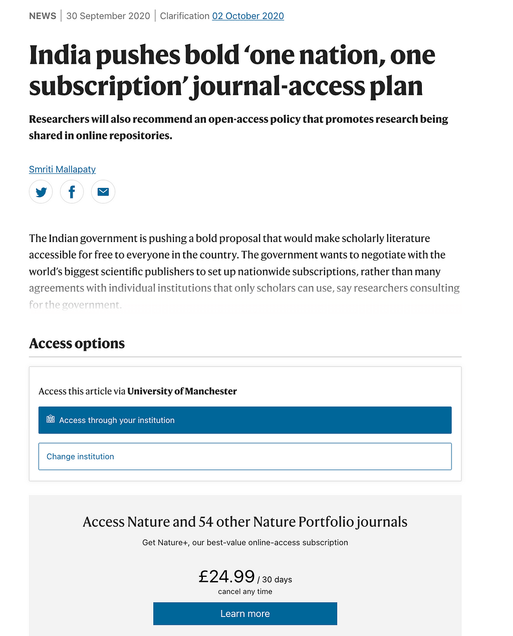 Screenshot of an article from Nature. The title of the article is “India pushes bold one nation, one subscription journal-access plan”. The article is blurred. There are two options to view the article: Access the article through the University of Manchester, or pay £24.99 for 30 days to access Nature and other journals.