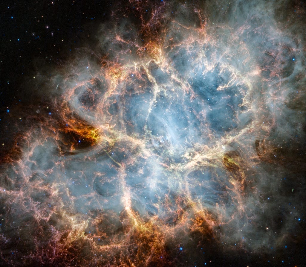 Magnetic fields from a neutron star at the center of the Crab Nebula whip up electrons to near light speed, causing them to emit light in a pattern resembling a smoky cloud that pervades the supernova remnant.