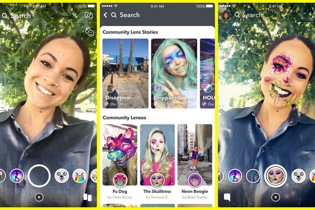 Mulher testando os filtros faciais de Realidade Aumentada do Snapchat.