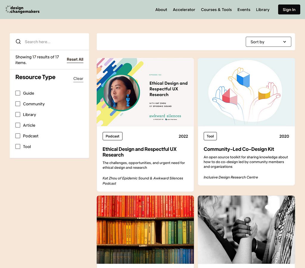 Current Barebones Library on Design Changemakers Platform. Three columns with resource type selector on the left, and two columns of resources with titles, descriptions and authors on the right.