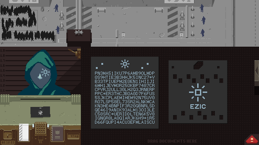 A screenshot from the game “Papers, Please”. We can see a cryptic message in the officer’s booth’s documents area. On the left side a hooded figure can be seen.