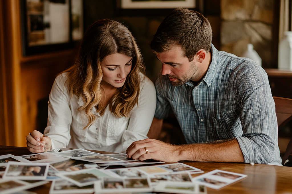 The bride and groom reviewing and selecting photos for the ‘Where Were They?’ bridal shower game.