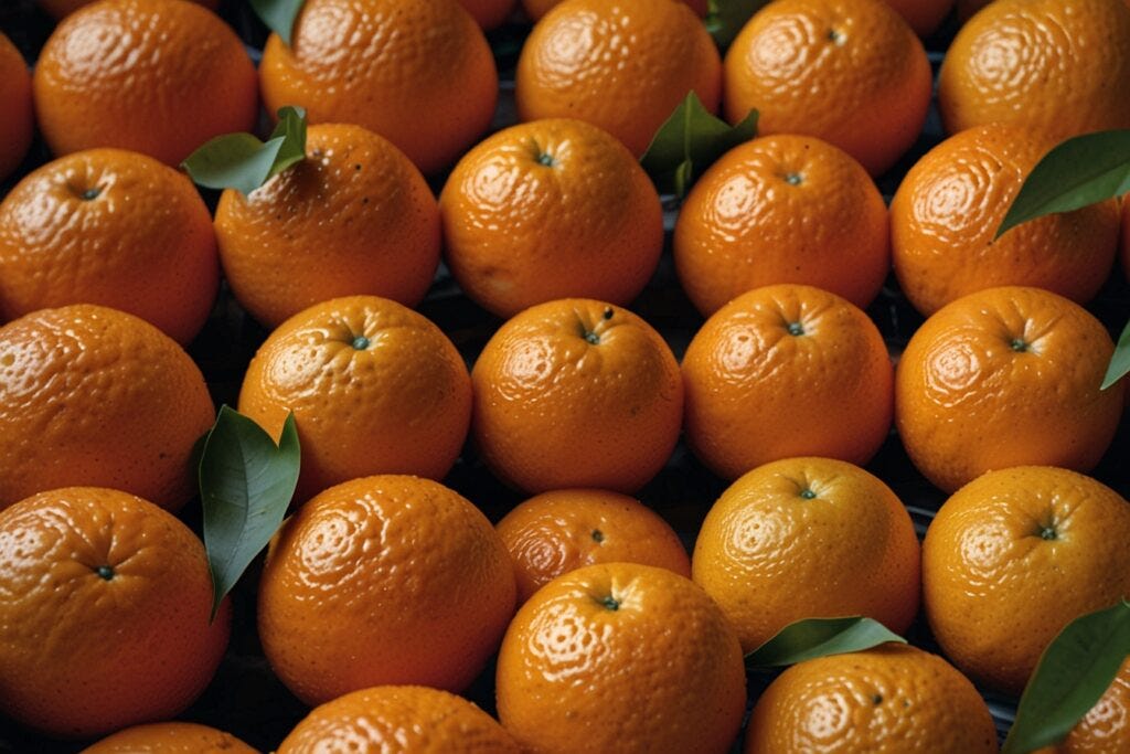 Close-up of fresh hydroponic oranges arranged neatly with leaves attached, highlighting their textured, bright orange skins.