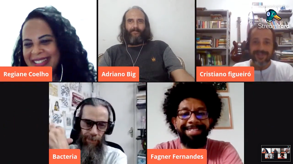 Live with artists from the community of creative programming in the state of Bahia. [Image description: A screenshot with five people in a livestream, all smiling.]